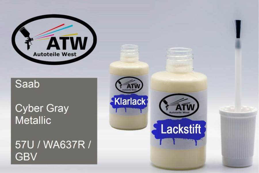 Saab, Cyber Gray Metallic, 57U / WA637R / GBV: 20ml Lackstift + 20ml Klarlack - Set, von ATW Autoteile West.